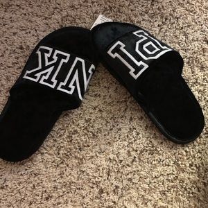 PINK black velvet slides